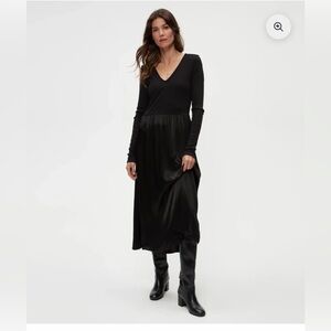 Michael Stars Sutton V-Neck Fabric Mix Dress Satin Black SZ Medium NWT MSRP $198